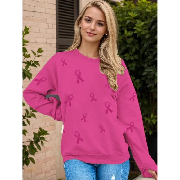 Breast Cancer Awareness Sweatshirt Women Pink Ribbon Graphic Casual Gift - Picture 2 of 4